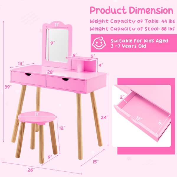 Pink Kid Vanity Table Chair Set with Mirror and 2 Large Storage Drawers Perfect for Holiday Gift - 28" x 13" x 39" (L x W x H)