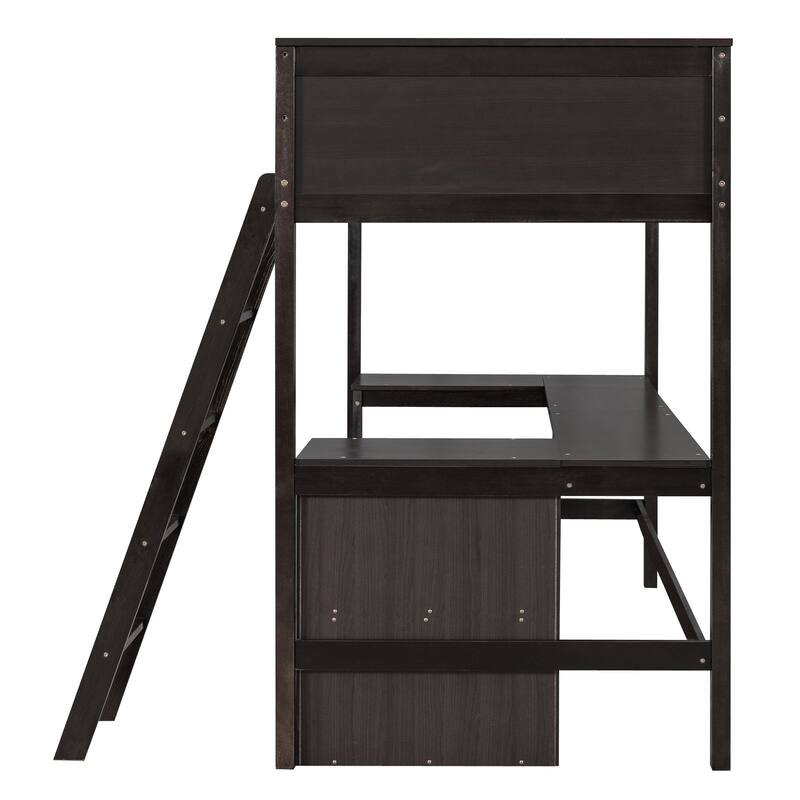 Twin Loft Bed with Desk Shelves Space-Saving Design Brown Modern Contemporary Unisex Nature Wood Finish Includes Hardware