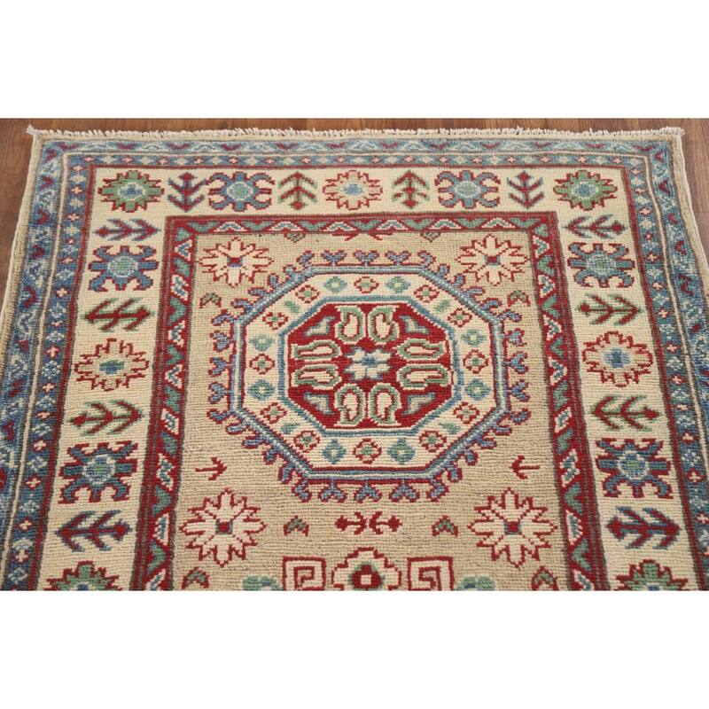 Hand Knotted Oriental 100% Wool Carpet Traditional Geometric Beige & Ivories Kazak Runner Rug - 12' 8'' X 2' 10''