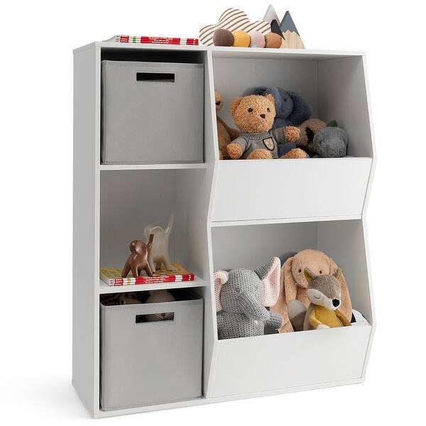 slide 2 of 10, Gymax Kids Toy Storage Organizer 5 Cubbies Wooden Bookshelf Display White
