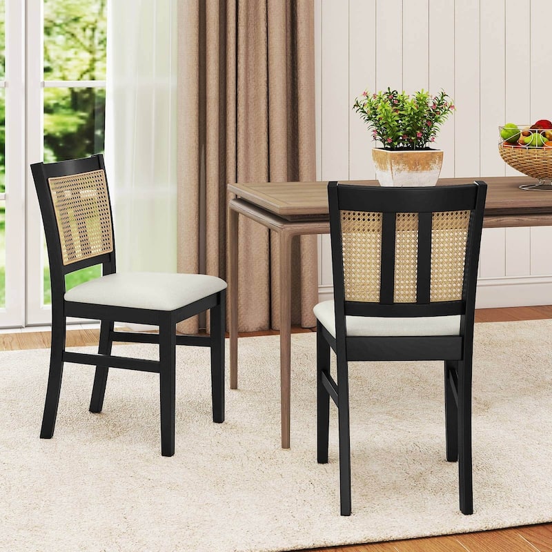 Costway Farmhouse Rattan Dining Chair Set of 2/4 Fabric Upholstered