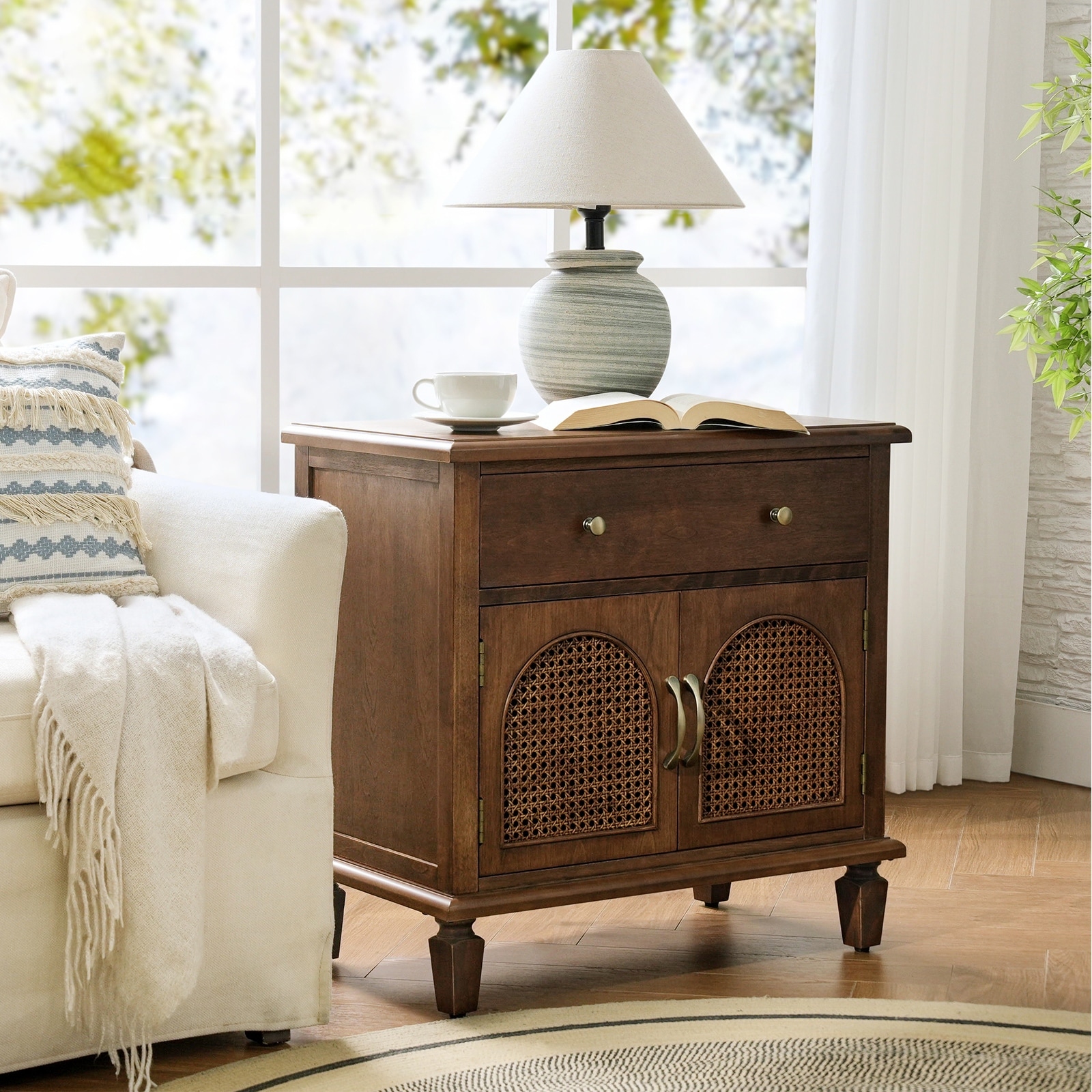 HULALA HOME Georg Traditional 1-Drawer and 2-Faux rattan-Door End Table with Built-in Power Outlet and Adjustable Shelf