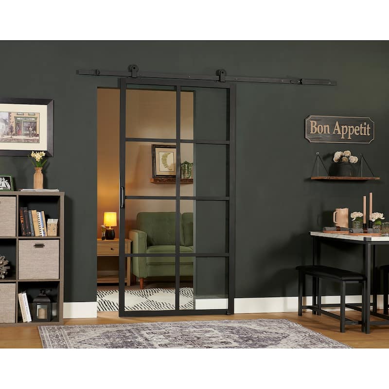 Pinecroft French Glass Barn Door Kit with Black Frame and Clear Glass 42" x 84"