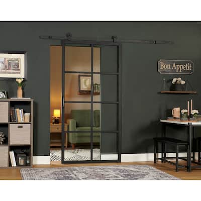 Pinecroft French Glass Barn Door Kit with Black Frame and Clear Glass 42" x 84"