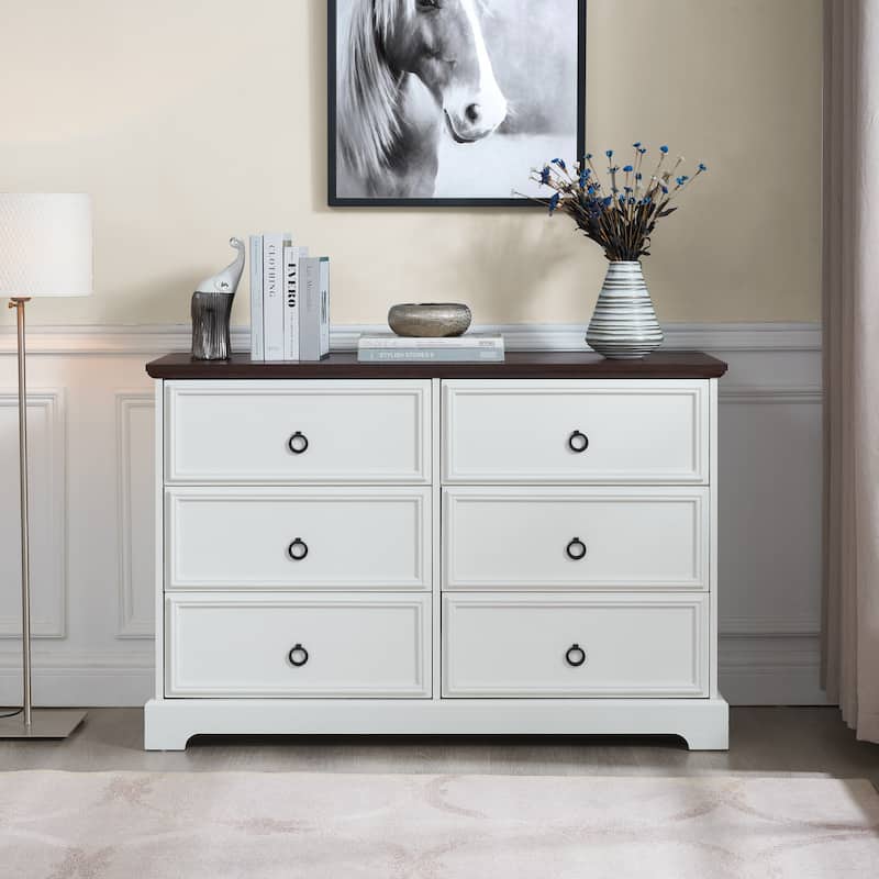 Bedroom Double Dresser, Multi-functiona Wood Storage Cabinet, Accent Cabinet with 6 Storage Drawers and Metal Handles - White