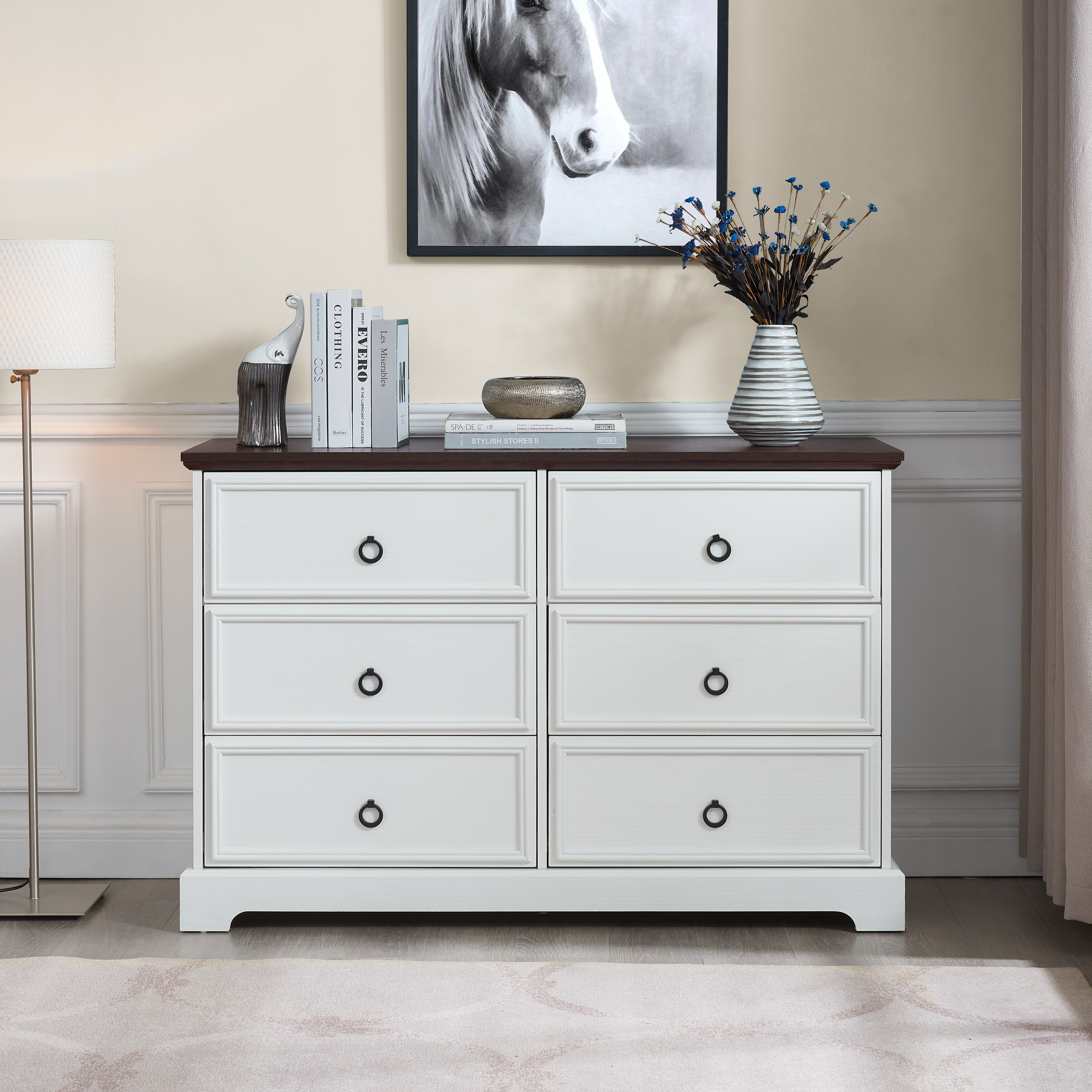 Modern Farmhouse 6 Drawer Dresser White Bedroom Chest with Oak Grain Top Wooden Storage Organizer for Clothes