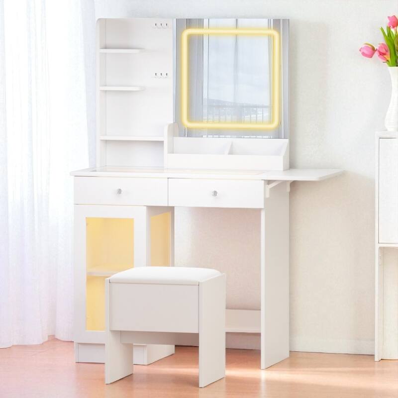 Small Vanity Desk with Glass Top, LED Mirror, USB Charging Ports, Storage Stool, Drawers and Cabinet