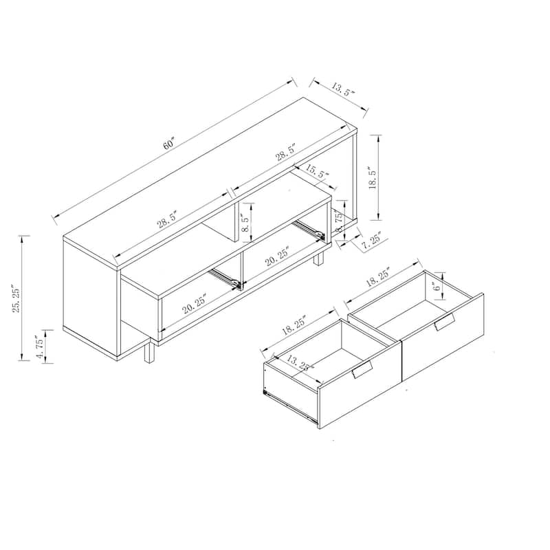 60" TV Stand with Two Shelves and Two Drawers in White - 25.25"H x 60"W x 13.5"D