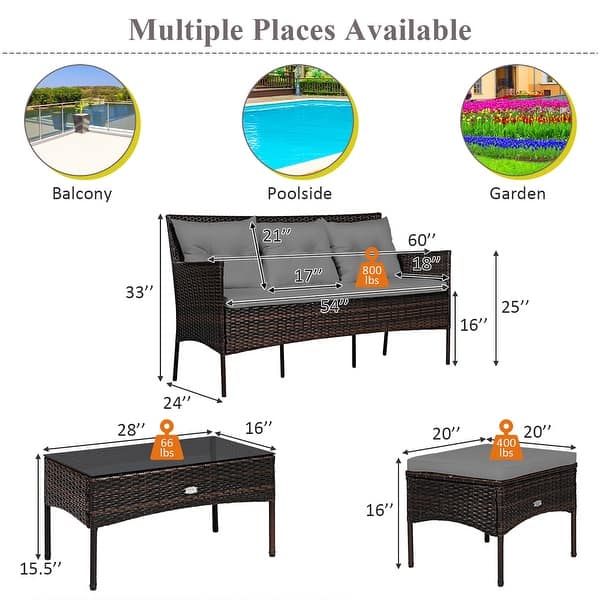 dimension image slide 1 of 3, Costway 3PCS Patio Rattan Furniture Set 3-Seat Sofa Cushioned Table - See details