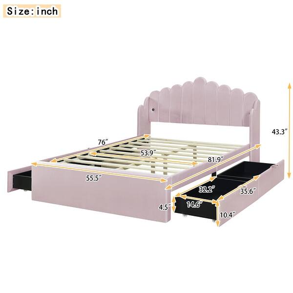 dimension image slide 1 of 2, Full Upholstered Platform Bed with Four Drawers & USB Ports - Modern Comfort