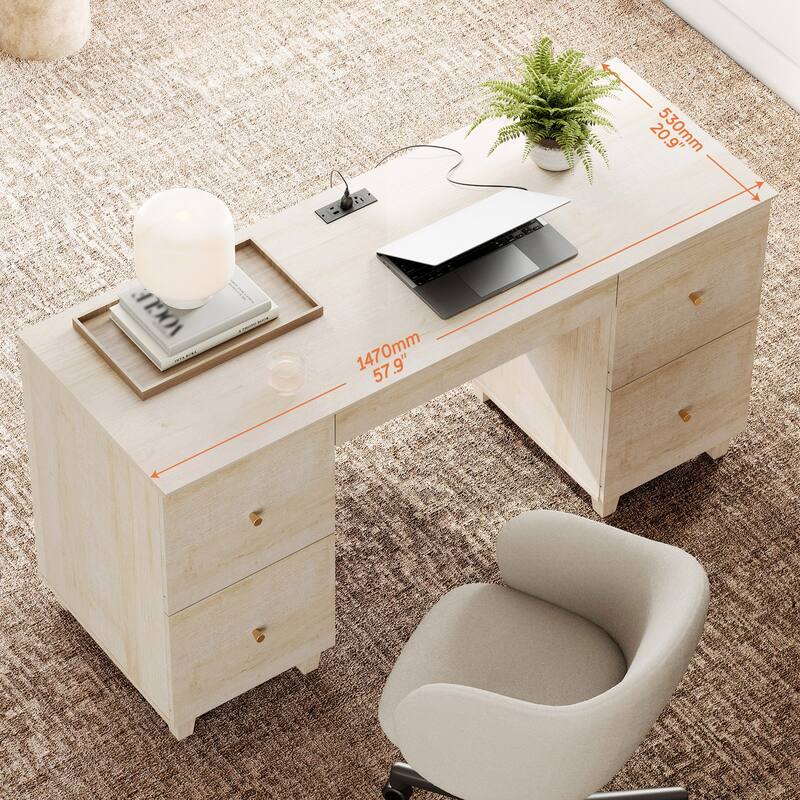 58" Executive Desk with 5 Drawers&Charging Station for Home Office