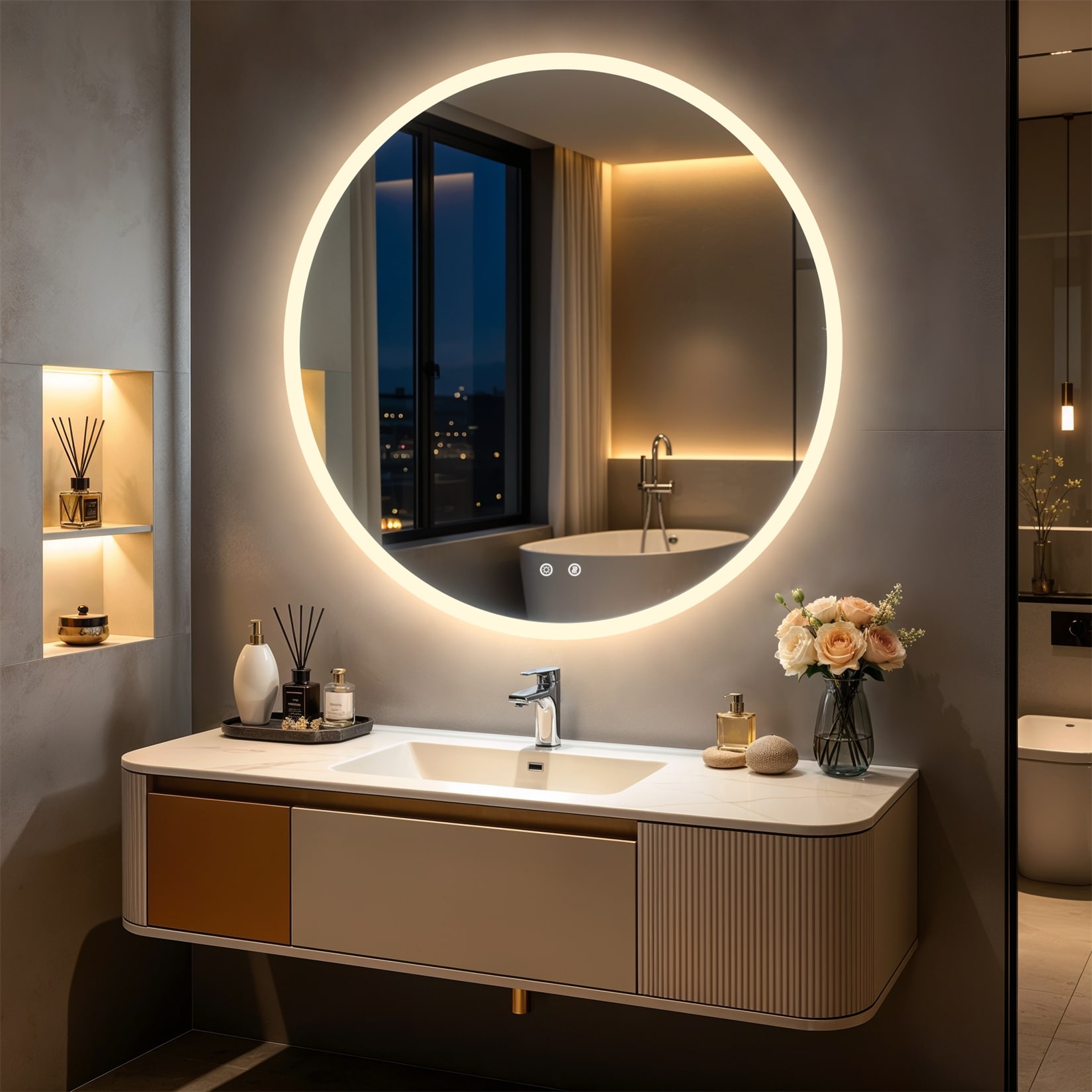 36" Round Wall Mounted LED Lighted Bathroom Mirror Backlit Vanity Mirror with Defog Memory Function