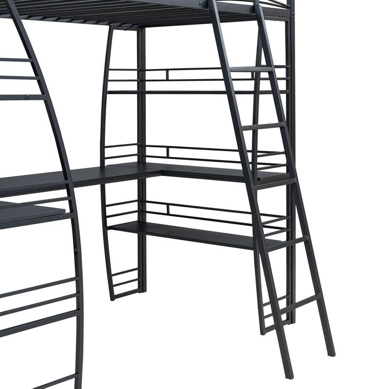 Modern Twin/Full Loft Bed with Metal Frame, Desk, Storage Shelves, and USB Charging