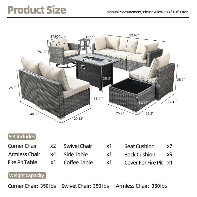 HOOOWOOO 10-piece Wicker Patio Furniture Sectional Sofa Set Swivel Rocker with Fire Pit Table