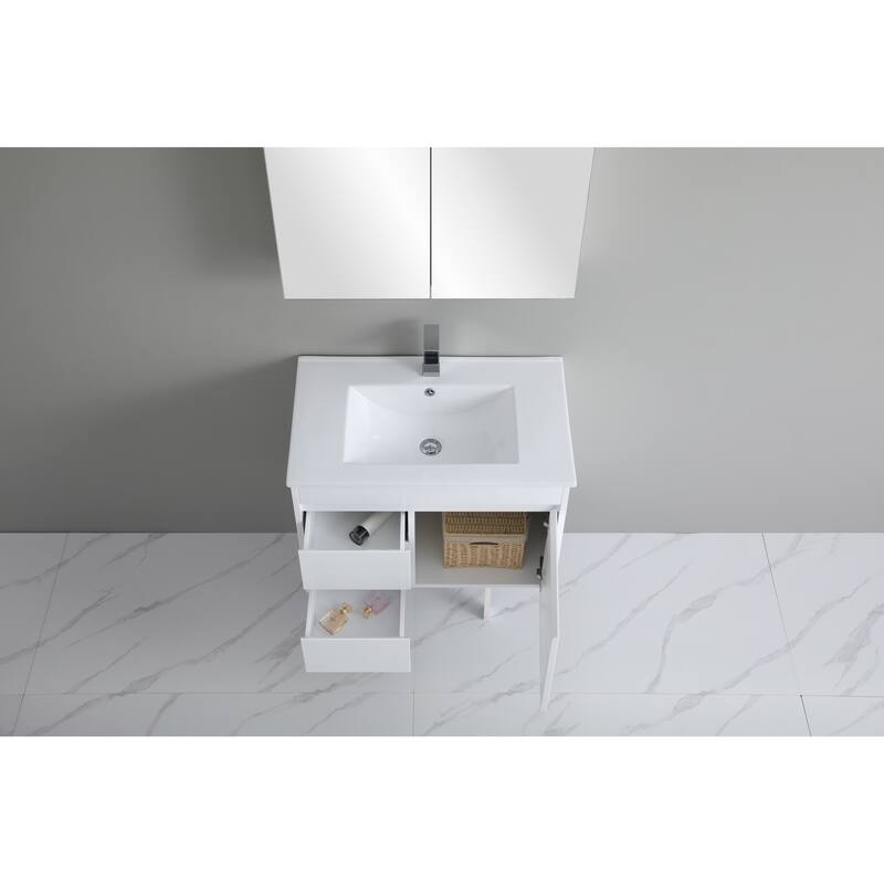 CB HOME 24"/30"/36"/48"/60" Pure White Bathroom Vanity, Floating Wall Mounted Cabinet w/ Integral Ceramic Sink Basin Countertop