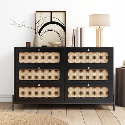 Modern Cannage Rattan Wood Closet 6-Drawer Wood Storage Cabinet for Bedroom,Living Room,Entryway,Black