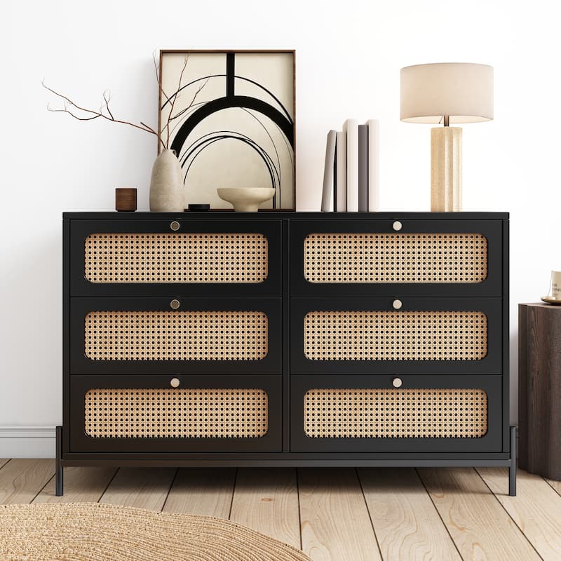 Modern Rattan Dresser with Metal Legs and 6 Storage Drawers, Ideal for Bedroom, Living Room, or Entryway