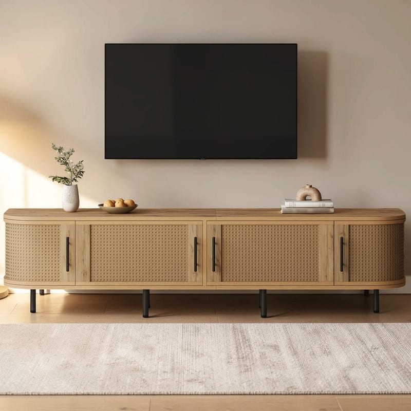 70" Modern TV Stand for TVs up to 80", Media Console with Rattan Doors, Storage Space & Cable Management