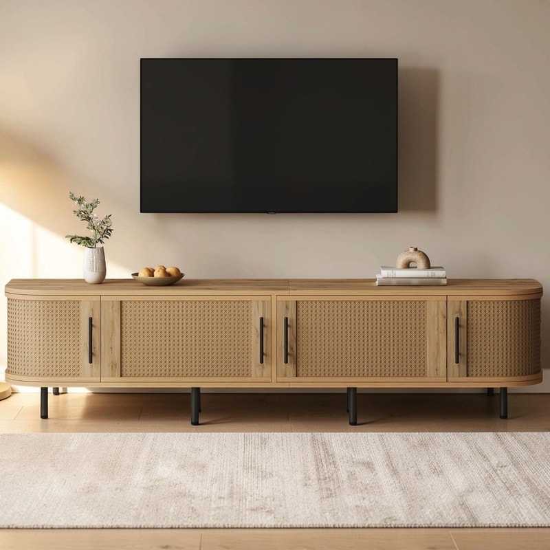 70" Modern TV Stand for TVs up to 80", Media Console with Rattan Doors, Storage Space & Cable Management