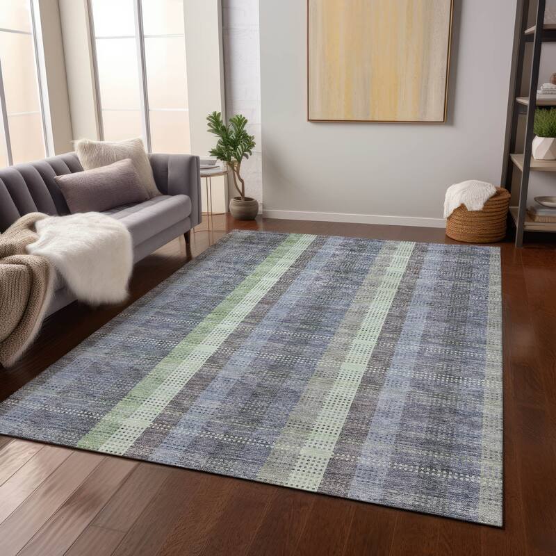 Machine Washable Indoor/ Outdoor Modern Plaid Chantille Rug