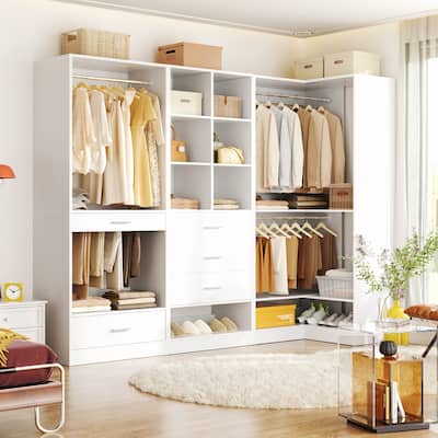 Qvella Corner Closet System with 4 Wooden Drawers & Hanging Rods & Pants Rack, Walk-in Closet Organizer System with Shoe Storage