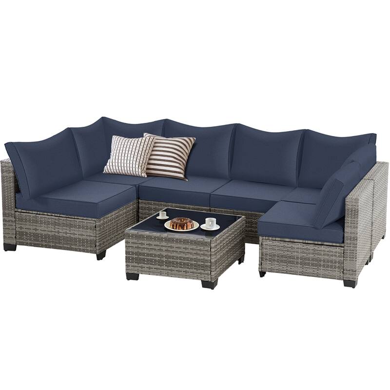 8-Piece Gray Wicker Patio Conversation Set with Patio Fire Pit