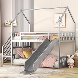 Twin over Twin Size Metal Bunk House Bed with Slide and Convertible Staircase, Space-Saving Design