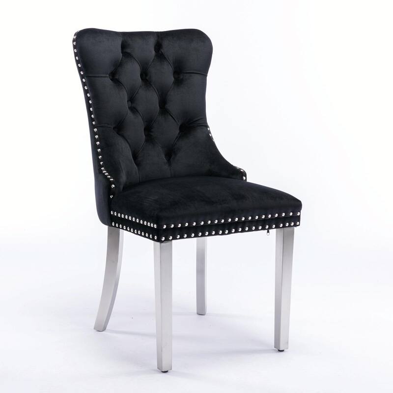 Tufted Velvet Dining Chairs - Solid Wood - Golden Stainless Steel Legs - Nailhead Trim - Set of 2