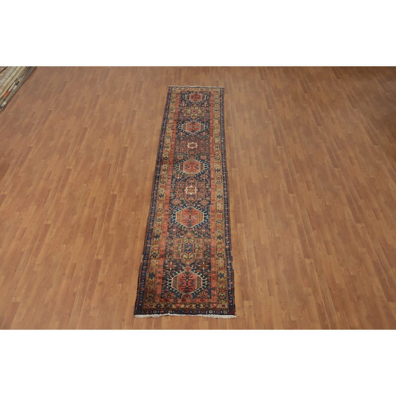 Hand Knotted Oriental 100% Wool Carpet Traditional Tribal Navy Blue & Blues Heriz (serapi) Runner Rug - 14' 5'' X 3' 1''