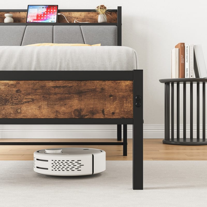 Metal&Wood Platform Bed with Storage Linen Headboard and Charging Station