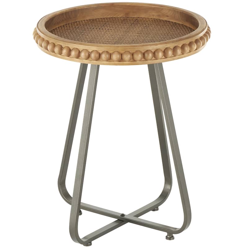Wood Beaded Accent Table with Rounded Gray Metal Base and Rattan Accent - Brown - Roche River Decor - Brown