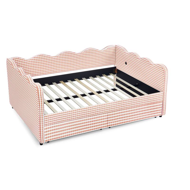 Full/Queen Gingham Daybed with 2 Storage Drawers, USB Port & Wave Shaped Linen Fabric