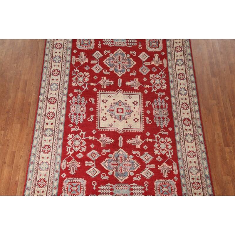 Red Geometric Kazak Living Room Area Rug Hand-Knotted Wool Carpet - 6'7" x 10'1"