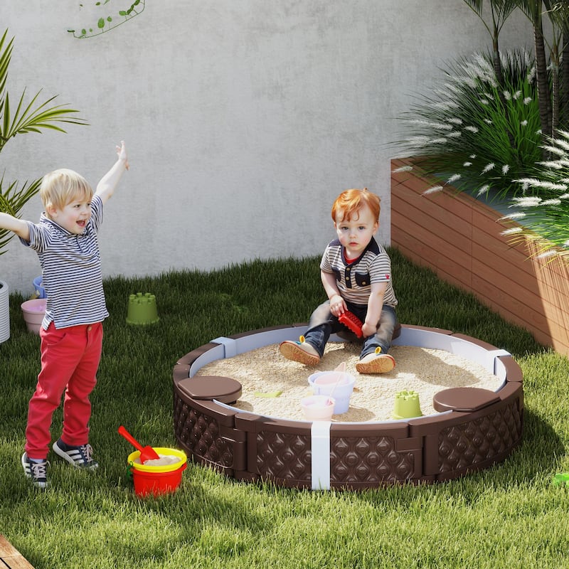 Dark Brown HDPE Kids Sandbox with Four Built In Seats Large Outdoor Play Sandpit with Protective Cover and Bottom Liner
