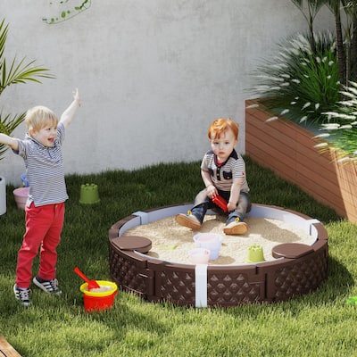 Dark Brown HDPE Kids Sandbox with Four Built In Seats Large Outdoor Play Sandpit with Protective Cover and Bottom Liner