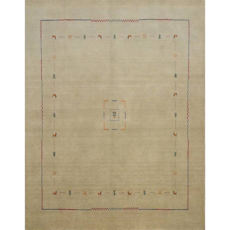 Hand Knotted Oriental 100% Wool Carpet Tribal Animal Pictorial Beige & Ivories Gabbeh Area Rug - 7' 11'' X 7' 9''