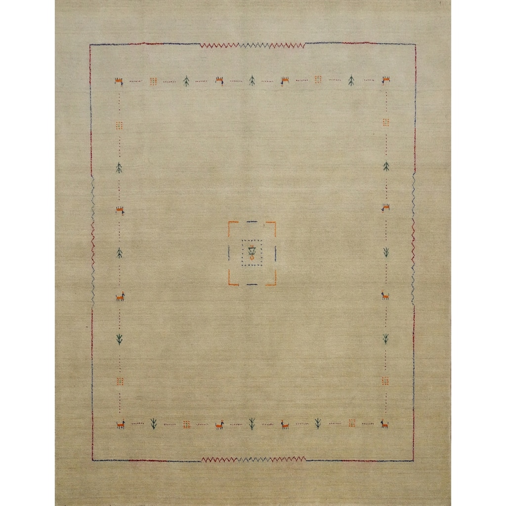 Hand Knotted Oriental 100% Wool Carpet Tribal Animal Pictorial Beige & Ivories Gabbeh Area Rug - 7' 11'' X 7' 9''