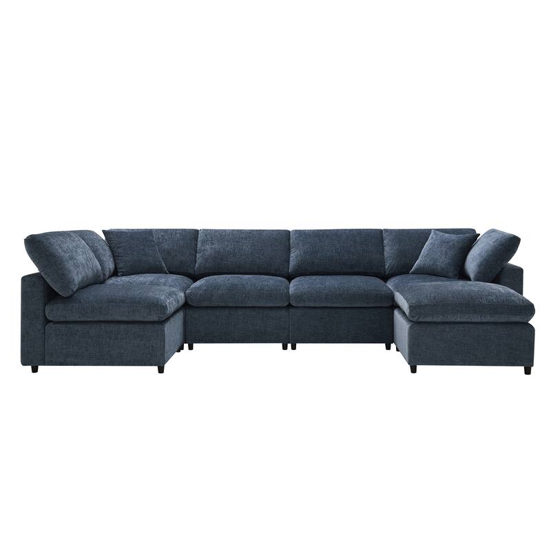 Blue 130'' U-Shaped 6 Seater Modular Sectional Sofa with Ottoman, Convertible U-Shaped Sleeper, Customizable Layout