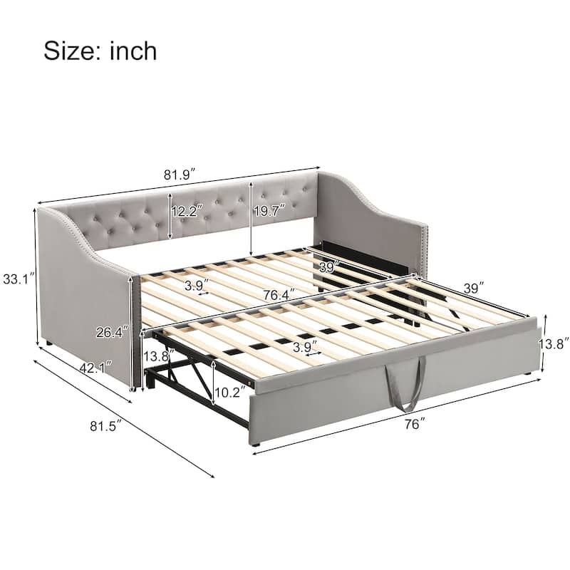 Button Tufted Backrest Daybed, Twin To King Extendable Sofabed with 2 Armrests & Pop Up Trundle Bed, Velvet Platform Bed