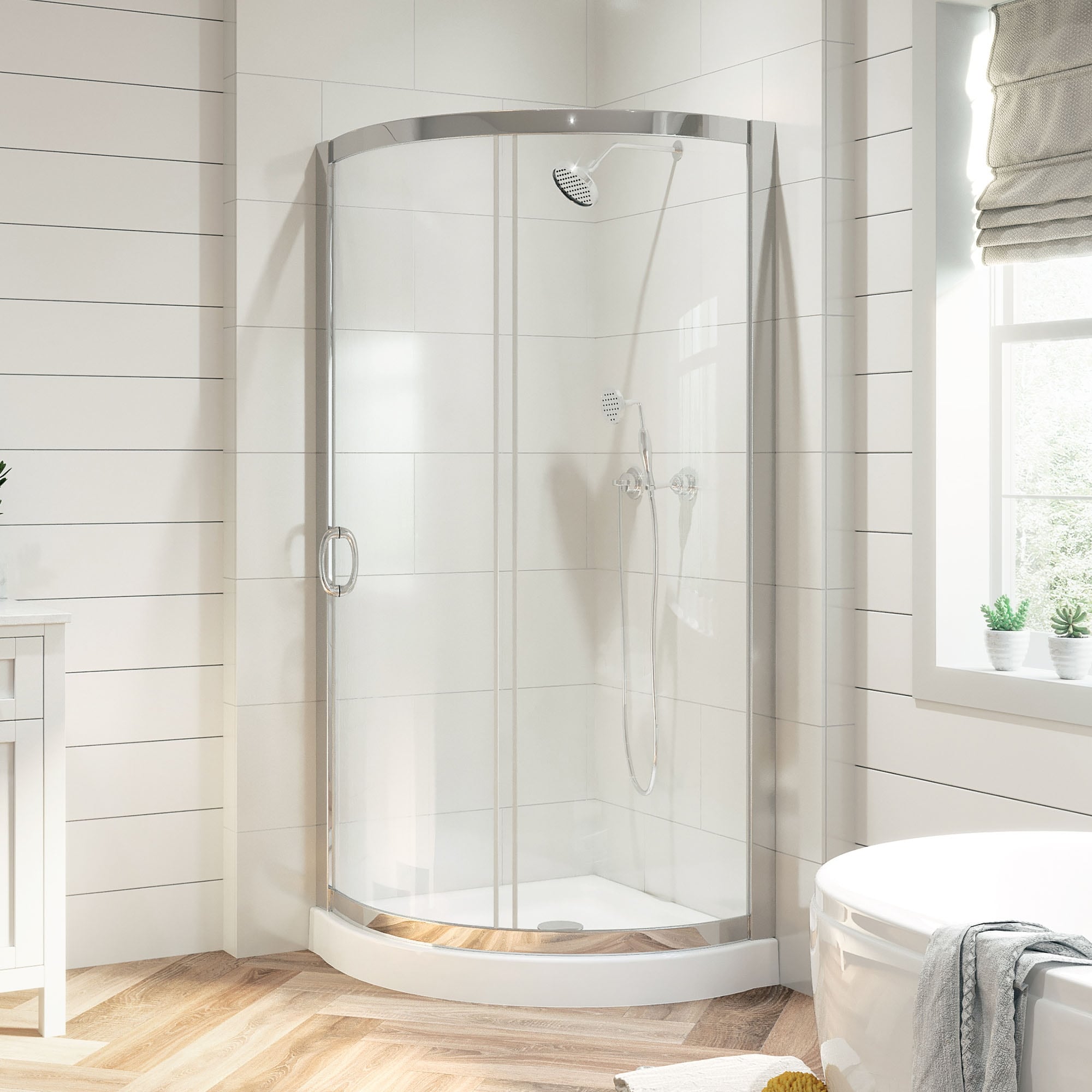 OVE Breeze Round Corner Shower Kit with Clear Sliding Door and Shower Base Pan (Walls not Included)