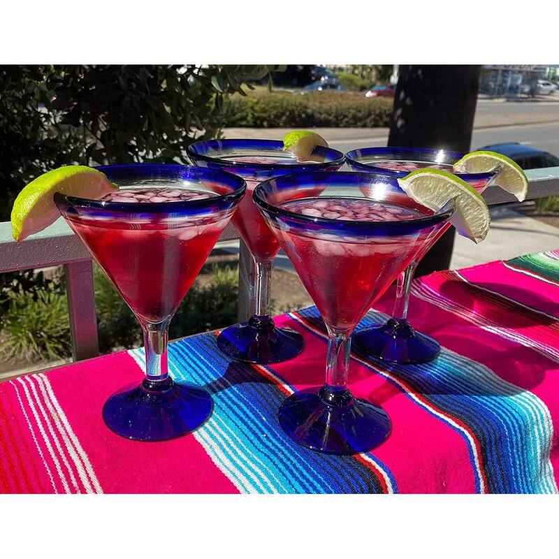 Dos Sueños Mexican Hand Blown Glass - Set of 4 Hand Blown Modern Margarita Glasses - Blue Rim (12 oz)