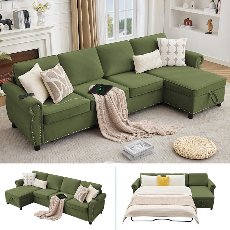 106.5" L-Shaped Flannelette Sectional Sofa with Pull-Out Bed - Green