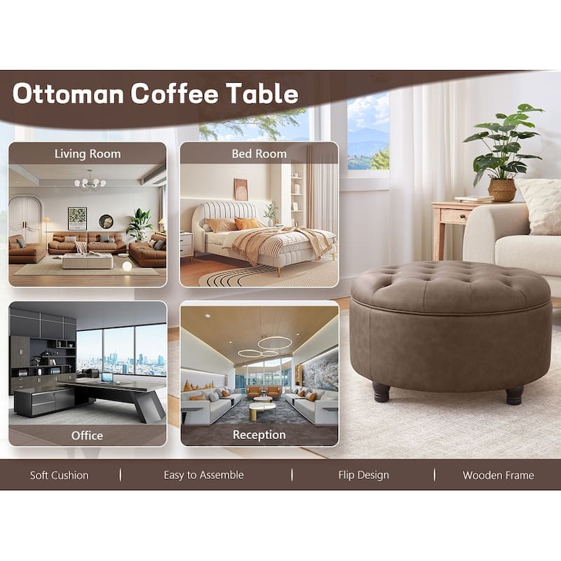 Tufted Round Storage Ottoman, Faux Leather
