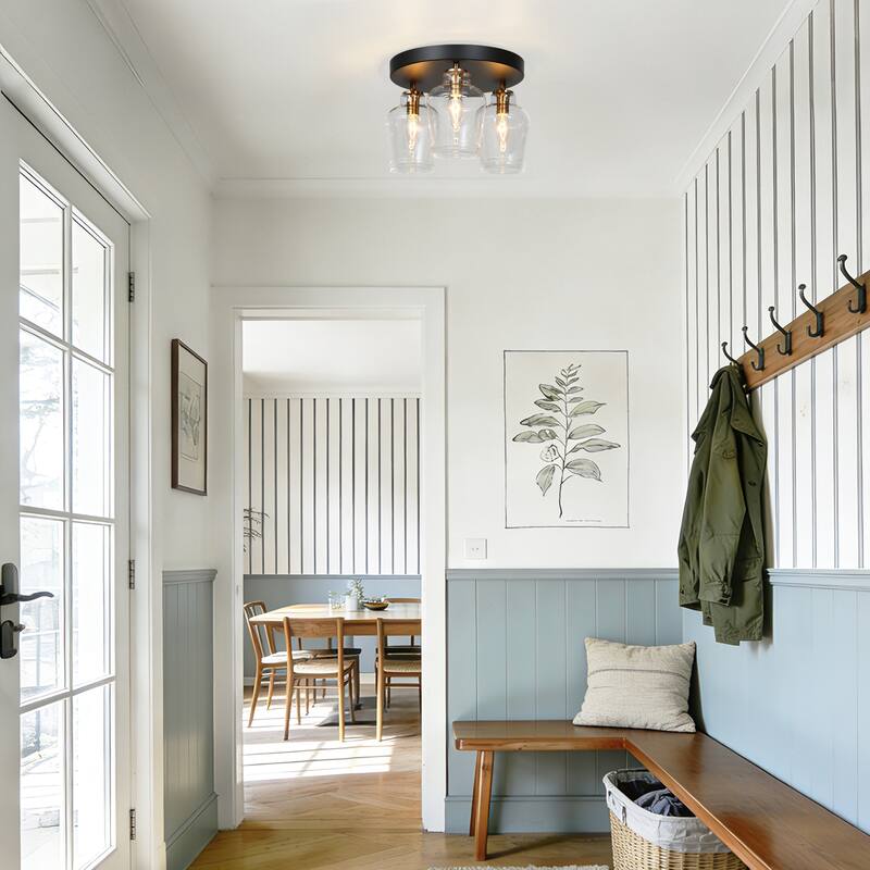 Modern 3-Light Black Gold Glass Flush Mount Ceiling Foyer Light for Kitchen - 11 " D × 8 " H