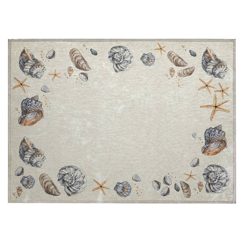 Indoor/ Outdoor Surfside Border Shells Washable Rug New - Oyster - 1'8" x 2'6"