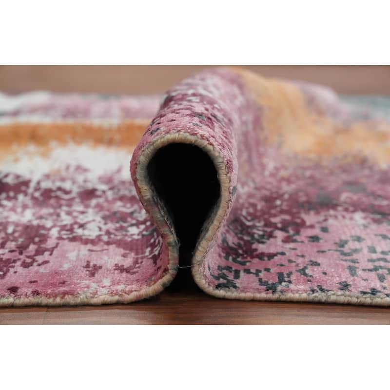 Hand Knotted Oriental Viscose Silk Carpet Modern Pictorial Multi-Colored Abstract Area Rug - 7' 11'' X 5' 8''