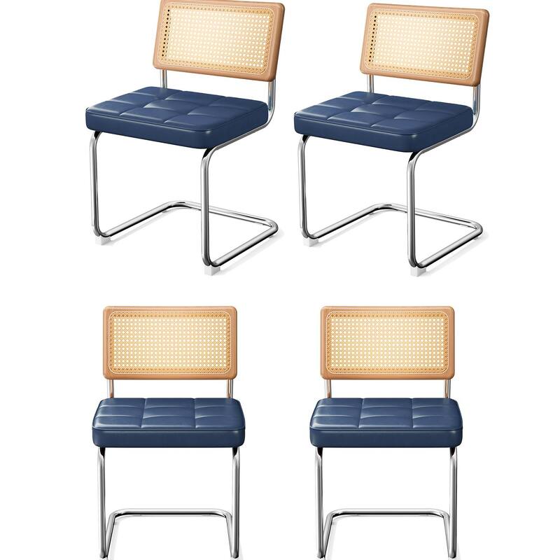 Mid-Century Modern Chairs Set - Faux Leather & Rattan - Blue - Set of 4