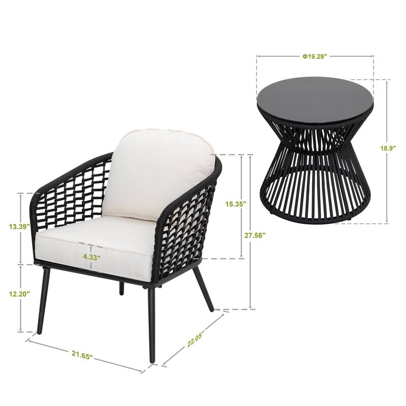 Outdoor 3-Piece Patio Bistro Set, 1 Coffee Table and 2 Chairs, Black