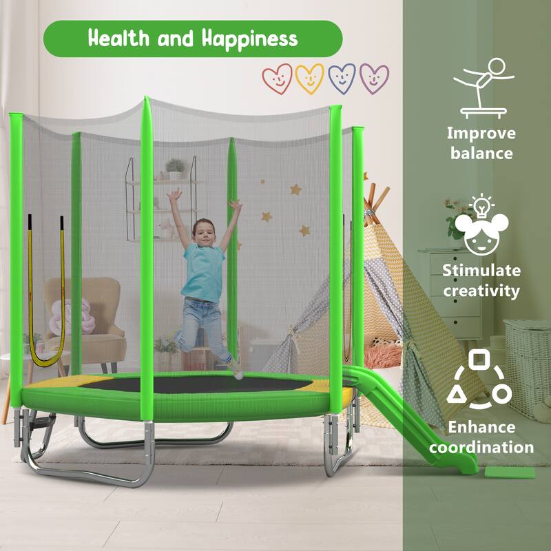 7FT Trampoline for Kids with Safety Enclosure Net, Slide and Ladder, Regular Hexagon Outdoor Recreational Trampoline