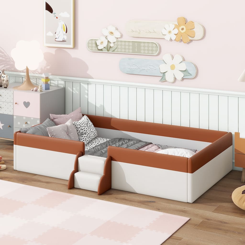 Modern Upholstered Daybed with Fence and Stairs for Kids, Brown+White